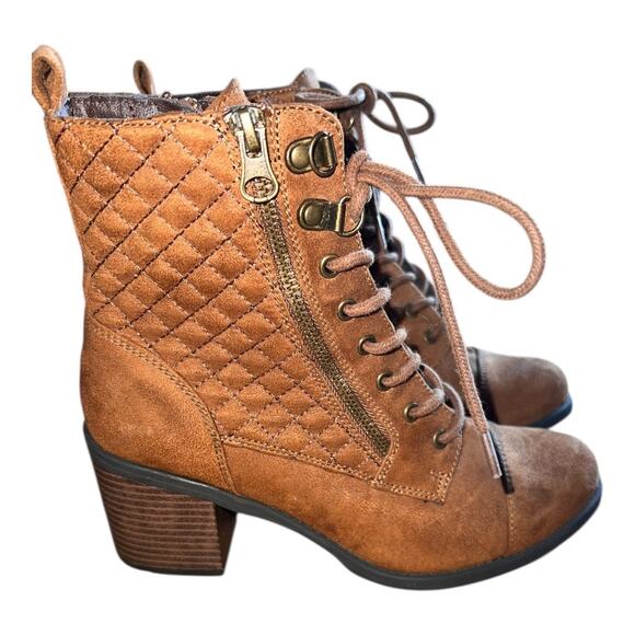 7 White Mountain DORSETT Quilted Grunge LaceUp Combat Boots Tan 2” Block Heeled - Picture 1 of 5